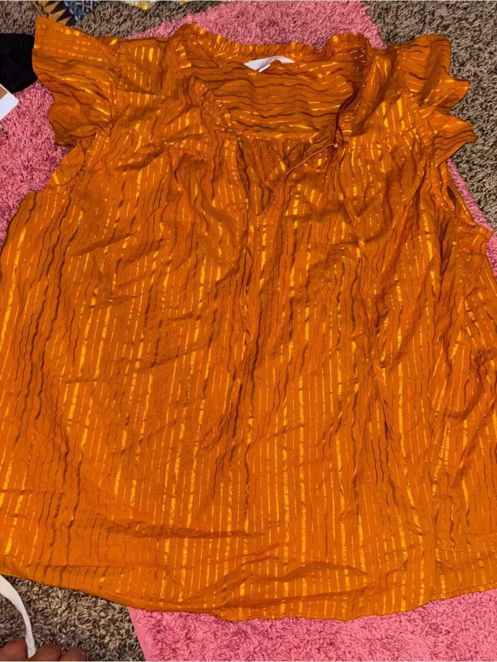 LC Lauren Conrad Orange Metallic-Striped Short Sleeve Blouse